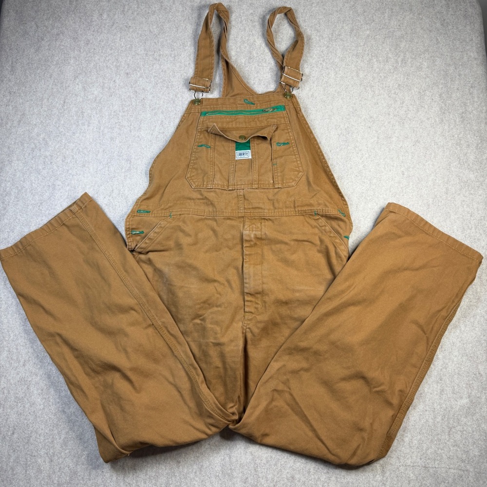 Liberty Mens Brown Duck Canvas Bib Overalls Green Accents 38x32 Workwear Utility